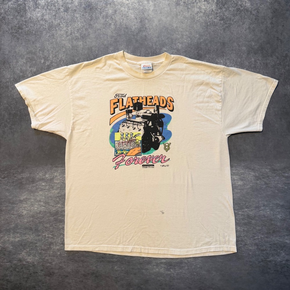 Vtg 90s Ford Flatheads Forever T Shirt XL Hanes Heavyweight Hot Rod Car Cream